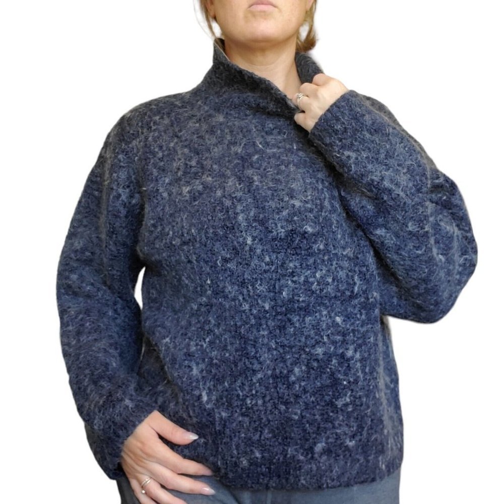 Vintage 90s Blue Fuzzy Mockneck Sweater Mohair Blend M/L Boxy Loose Oversized